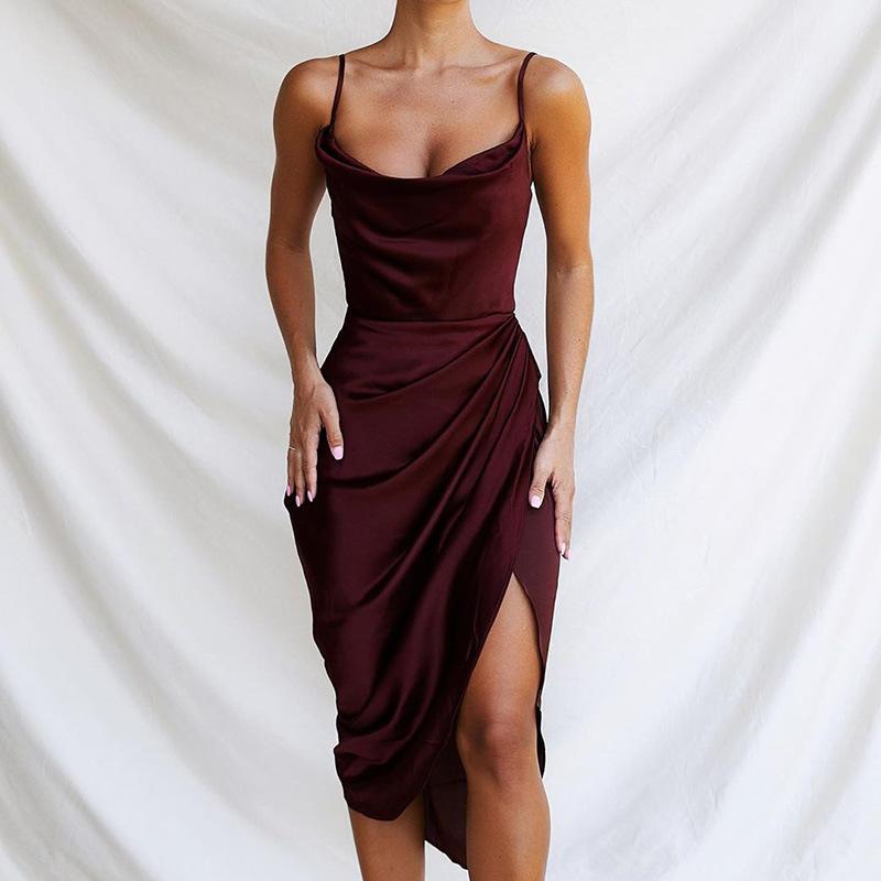 Cowl Neck Satin Slip Thigh Split Leg ...